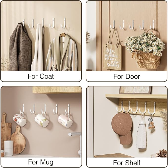 Wall Hooks for Hanging Towel/Coat - 22LB Screw in Metal Hanger Wall Mount, for Outdoor, Closet, Door, Bathrooms, for Backpack, Robe, White 5 Pack
