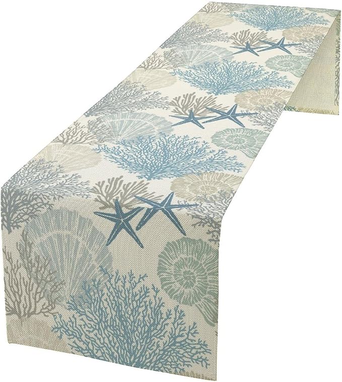 Blue Teal Coral Table Runners, Summer Beach Starfish Coastal Coffee Table Runners for Wedding Party Banquet Dining Holiday 13x108in