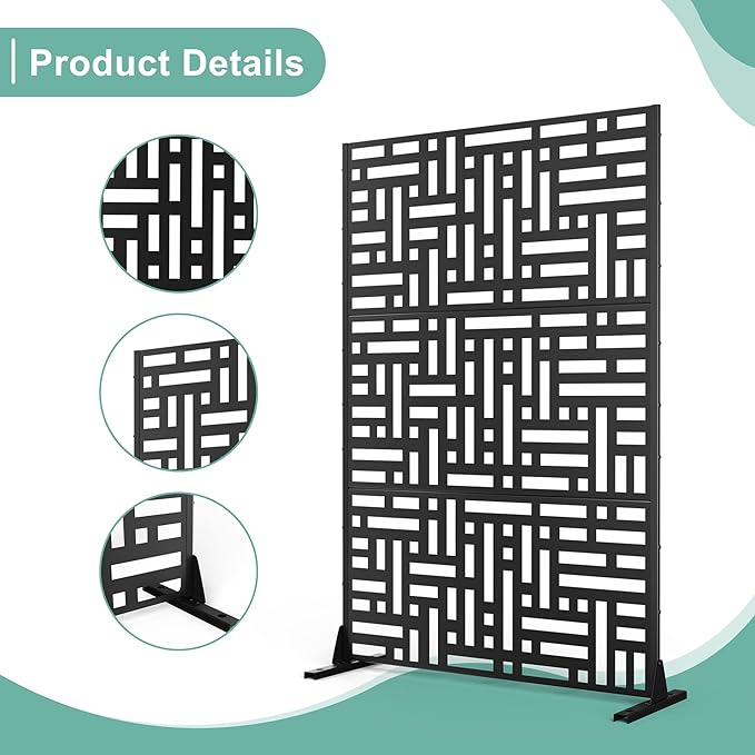 Metal Privacy Screen for Outdoor & Indoor Use, Free Standing Privacy Screen for Patio Garden Pool, 72" H x 47" W Decoative Privacy Panels, Weather Resistant, Easy Assembly (Black Street Floral)