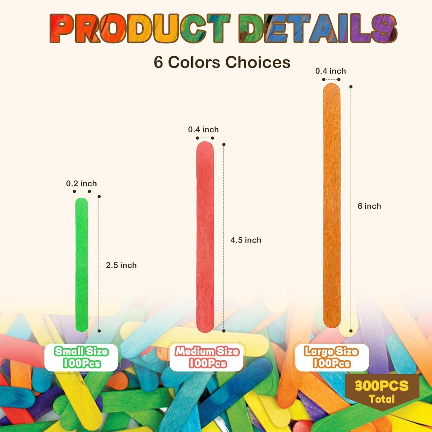 300PCS Colored Sticks for Craft, 3 Sizes (2.5",4.5",6") Colorful Rainbow Popsicle Wooden Sticks Bulk for Home Decoration Project Kid Classroom Art DIY Craft Supplies School Activities