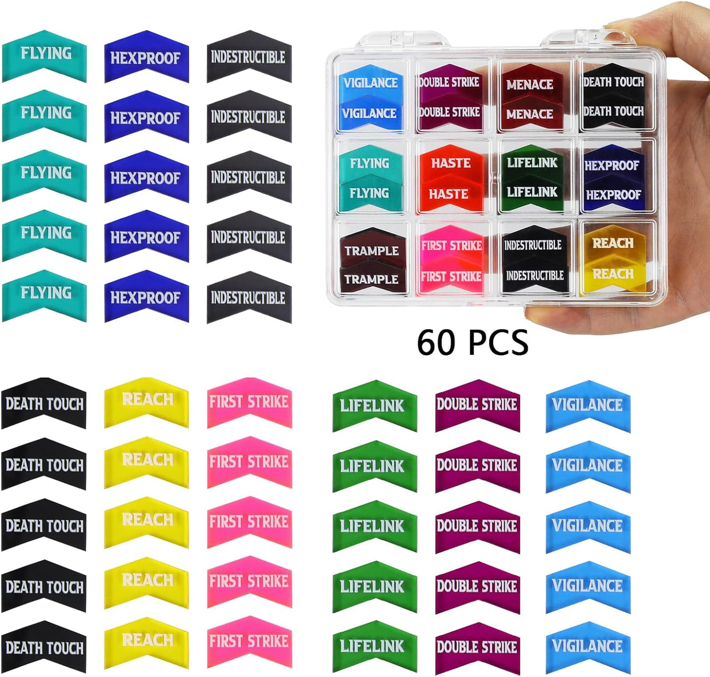 SIXPOINTS 108PCS 12mm MTG Counter Dice +1/+1 Tokens 6 Sided Dice & MTG Keyword Counters Tokens Set for Magic The Gathering, MTG, TCG, Card Games Accessories (4 Color Dices#E + MTG Keyword Counters)