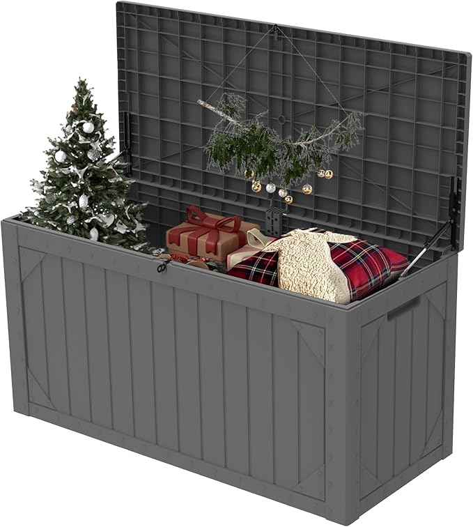 100 Gallon Resin Deck Box, Waterproof Outdoor Storage Box for Patio Furniture, Garden Tools, and Pool Accessories, Lockable UV-Resistant Storage Bin Bench Cabinet for Outside, Grey
