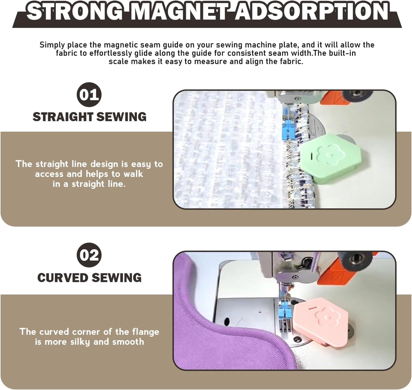 Wshxjzyay 3 Pack Magnetic Seam Guide for Sewing Machine, Upgraded Multifunctional Polygonal Hemmer Guide with Scale, Universal Sewing Accessory for Magnet Making Machine (3 Colors)