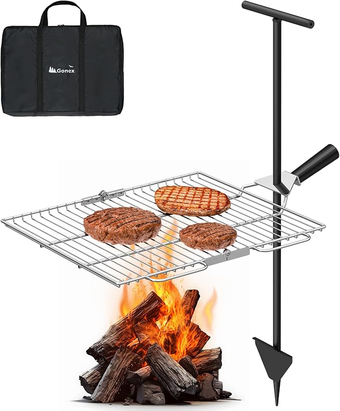 Gonex Portable Campfire Grill Grate for Fire Pit Foldable Stainless Steel Grill Height Adjustable Camping Cooking Equipment for RV Outdoor Backyard BBQ Courtyard 15.35"x18.3"