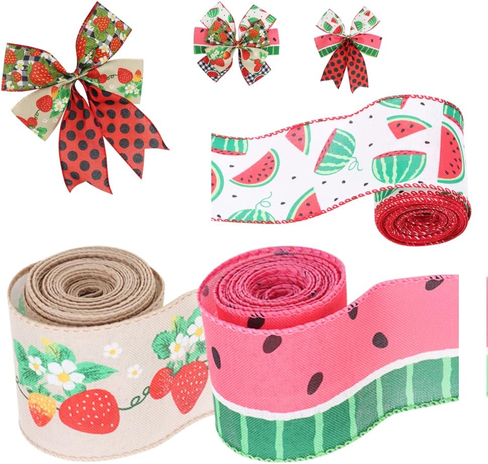 2.5" Watermelon and Strawberry Ribbon,Summer Craft Wire Edged Ribbon,Checks,Polka Dots,Watermelon Slices,Strawberries and Flowers Faux Linen Ribbons for Floral Arrangements, Packages and Home Decor.