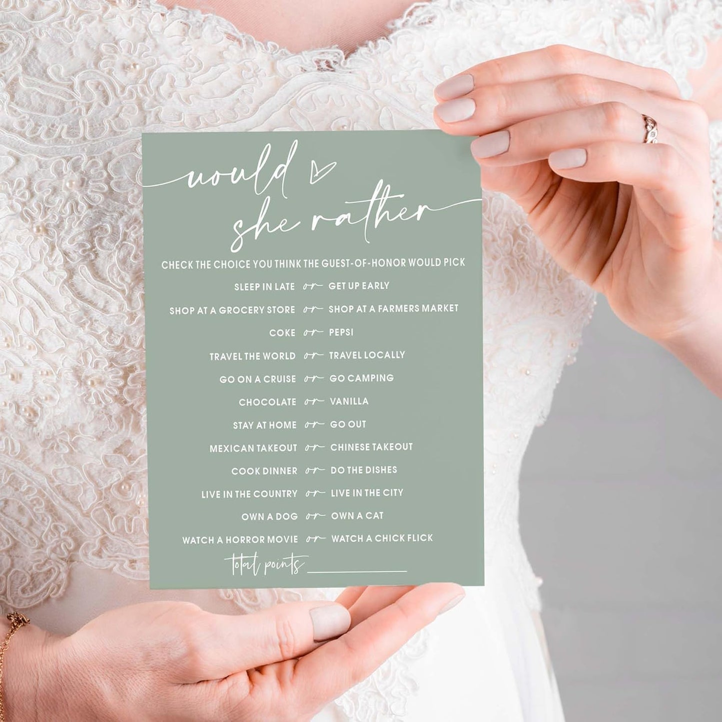 Bridal Shower Games Cards, Would She Rather Bridal Shower Game for 25 Guests, Engagement Party Wedding Games for Guests, Minimalist Green Wedding Party Supplies - C11