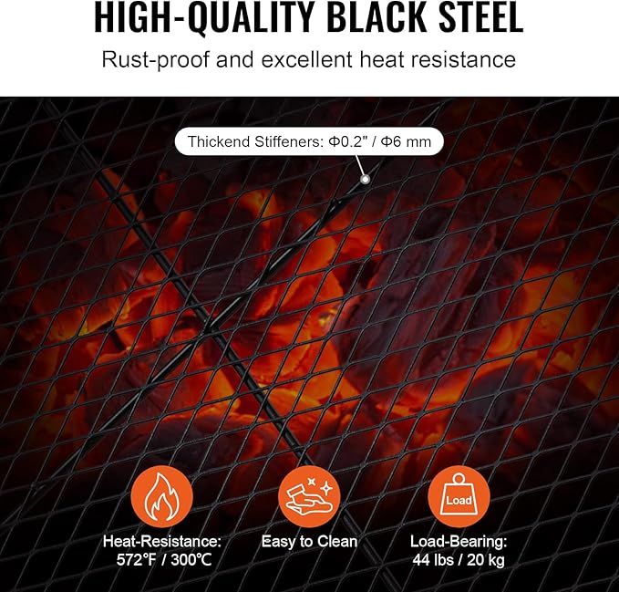 VEVOR X-Marks Fire Pit Grill Grate, Rectangle Cooking Grate, Heavy Duty Steel Campfire BBQ Grill Grid with Handle & Support X Wire, Portable Camping Cookware for Outside Party Gathering, 32 Inch Black
