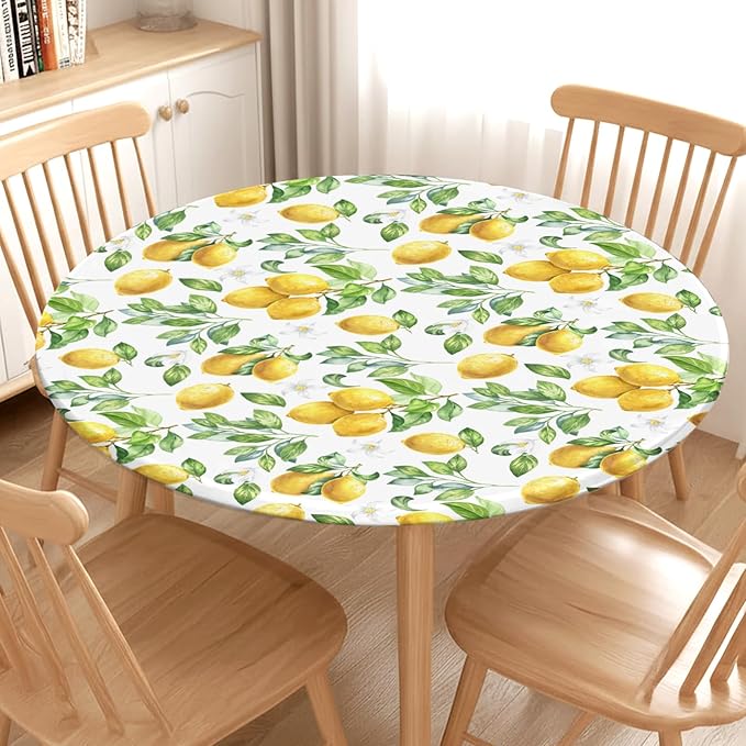 Lemon Round Fitted Tablecloth with Elastic Spring Summer Yellow Lemons Circle Table Cloth for 44-48" Round Tables Wipeable Waterproof Lemonade Party Farmhouse Table Cover for Picnic Dining Outdoor
