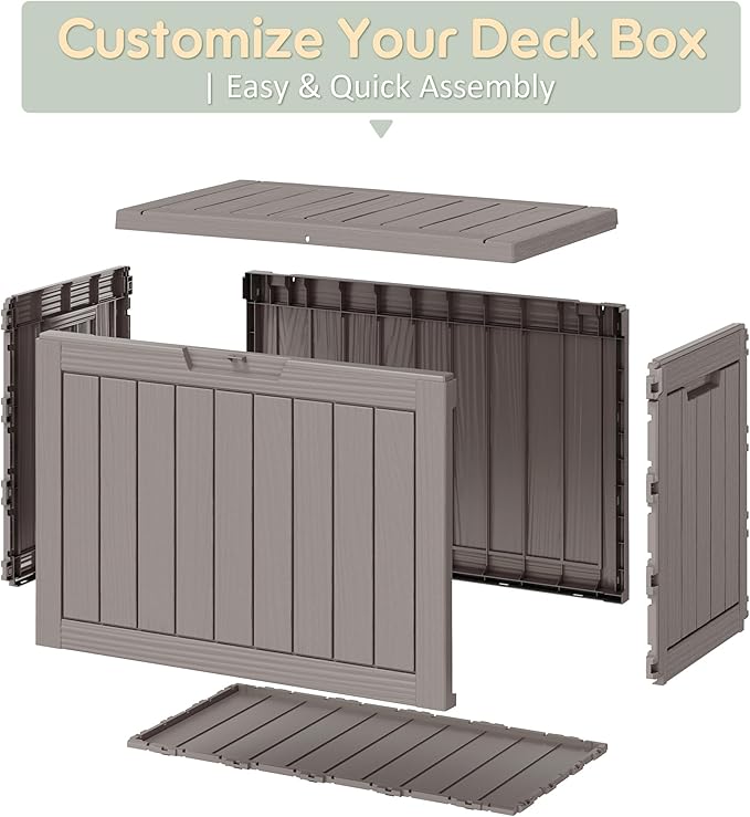 NUNU LAB Outdoor Storage Box, 45 Gallon Outside Deck Box Waterproof, Resin Outdoor Storage Cabinet With Lockable Lid, Backyard Storage Bench For Garden Tools, Patio Cushions, Pool Tools, Gray