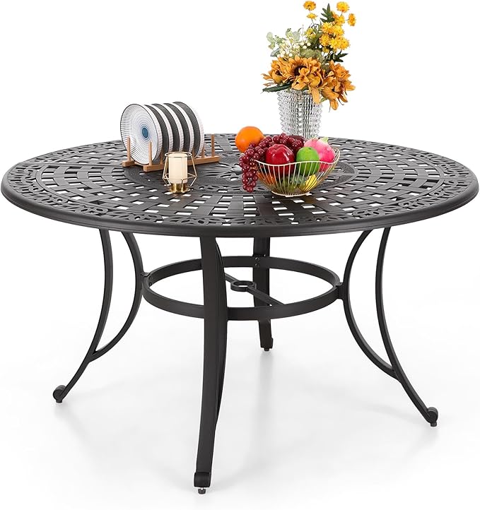 PHI VILLA Round Patio Dining Tables for 6 Person, Outdoor Aluminum Table 54" Dia with 2.1" Umbrella Hole, Lawn Garden Tables for All Weather