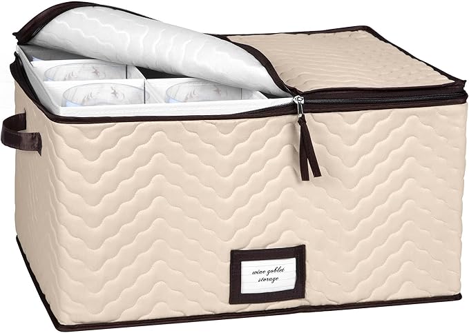 Wine Glass Storage Box with Dividers - Stemware Storage Case, Durable Quilted Microfiber Bin with Carry Handles, Protects Fine China - (1 Pack, Red Wine Glass)