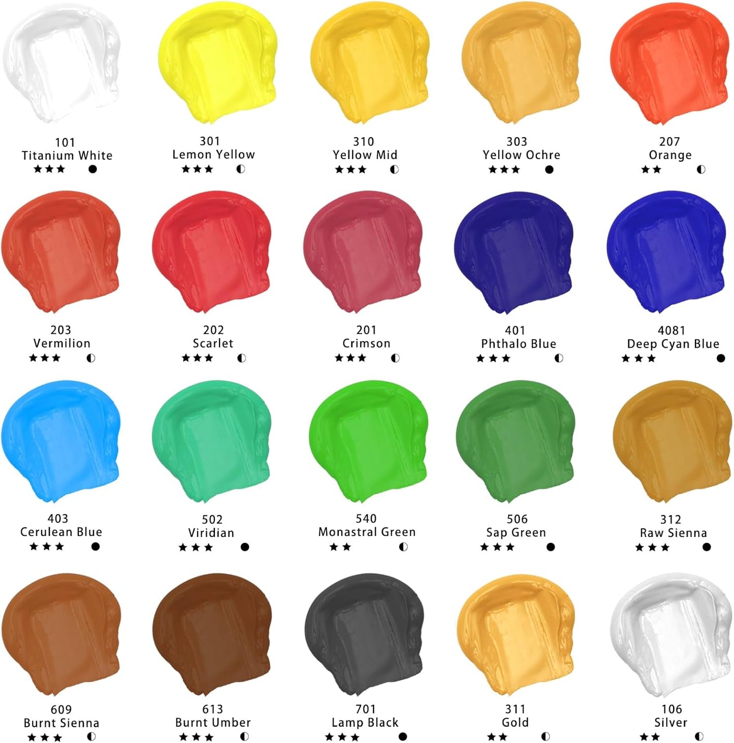 Artecho Professional Acrylic Paint Set, 20 Primary Colors (120ml / 4.05oz) Tubes, Art Craft Paints for Canvas, Rock, Stone, Wood, Fabric, Art Supplies