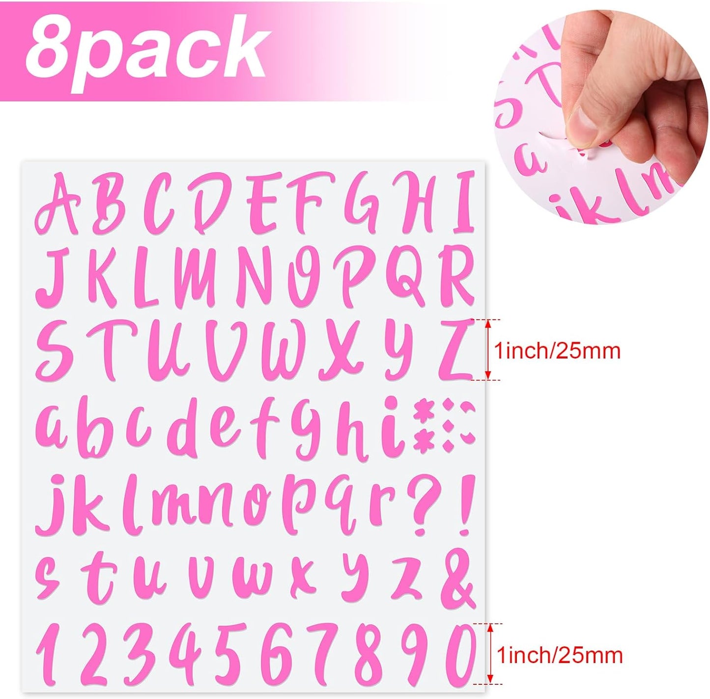 Outus 576 Pieces 8 Sheets Letters Stickers Self Adhesive Vinyl Letter Alphabet Number Stickers Mailbox Numbers Sticker, Decals for Classroom Decor, Sign, Door(Pink,1 Inch)
