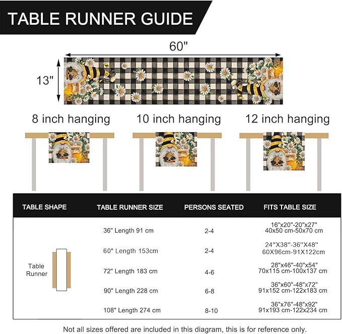 Seliem Spring Bee Gnome Table Runner, Honey Black White Buffalo Plaid Check Home Kitchen Dining Decor, Summer Seasonal Farmhouse Daisy Decorations Indoor Outdoor Anniversary Party Supply 13 x 60 Inch