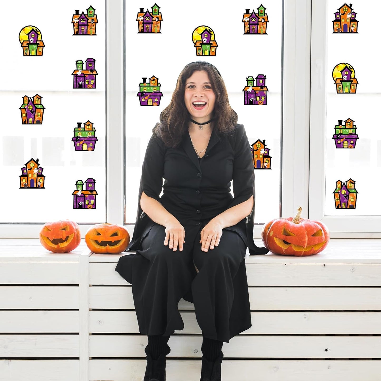 Renbuzhu 36PCS Halloweens Crafts Bulk: Haunted House Paper Suncatchers DIY Kit Party Activities Decorations, Window Stained Glass Effect Art Supplies