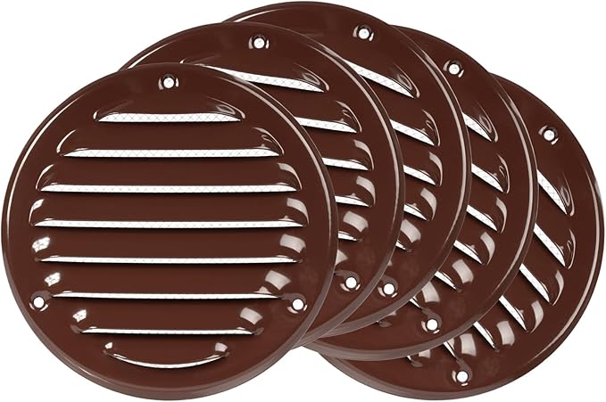 Repa Market 5-Pack 4 Inch (Opening Dimensions) Round Air Vent Cover/Brown Galvanized Steel Louvered Grill Cover with Mesh Screen/Wall or Ceiling Vent/HVAC Register for DIY Home Improvement