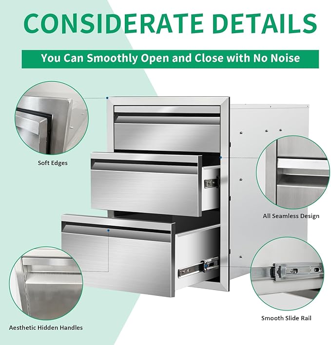 Outdoor Kitchen Drawers 16" W x 21" H x 23" D Stainless Steel Triple Drawers with Hidden Handle for BBQ Island, Patio Grill Station & Outdoor Kitchen Cabinets