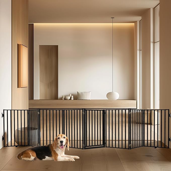 Full Metal Freestanding Dog Gates with Door, 32" Height Dog Fences for Indoor & Outdoor, Extra Wide Foldable Pet Gates for Stairs, Hallways, Doorways, Yard (8 Panels, 160" W × 32" H)