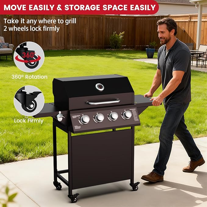 4-Burner Propane Gas BBQ Grill, 40,000 BTU Output Stainless Steel Barbecue Grill with Side Tables & Wheels for Backyard,Camping and Outdoor Cooking (Black)