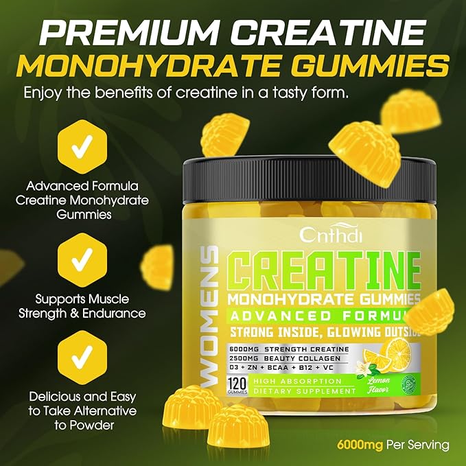 CNFDHI Creatine Gummies Monohydrate 6000MG, Pre-Workout for Women, Collagen, L-Taurine, BCAA 2:1, B12& Vitamin C for Muscle Support, Enhance Strength, Energy Boost, 30 Days Supply