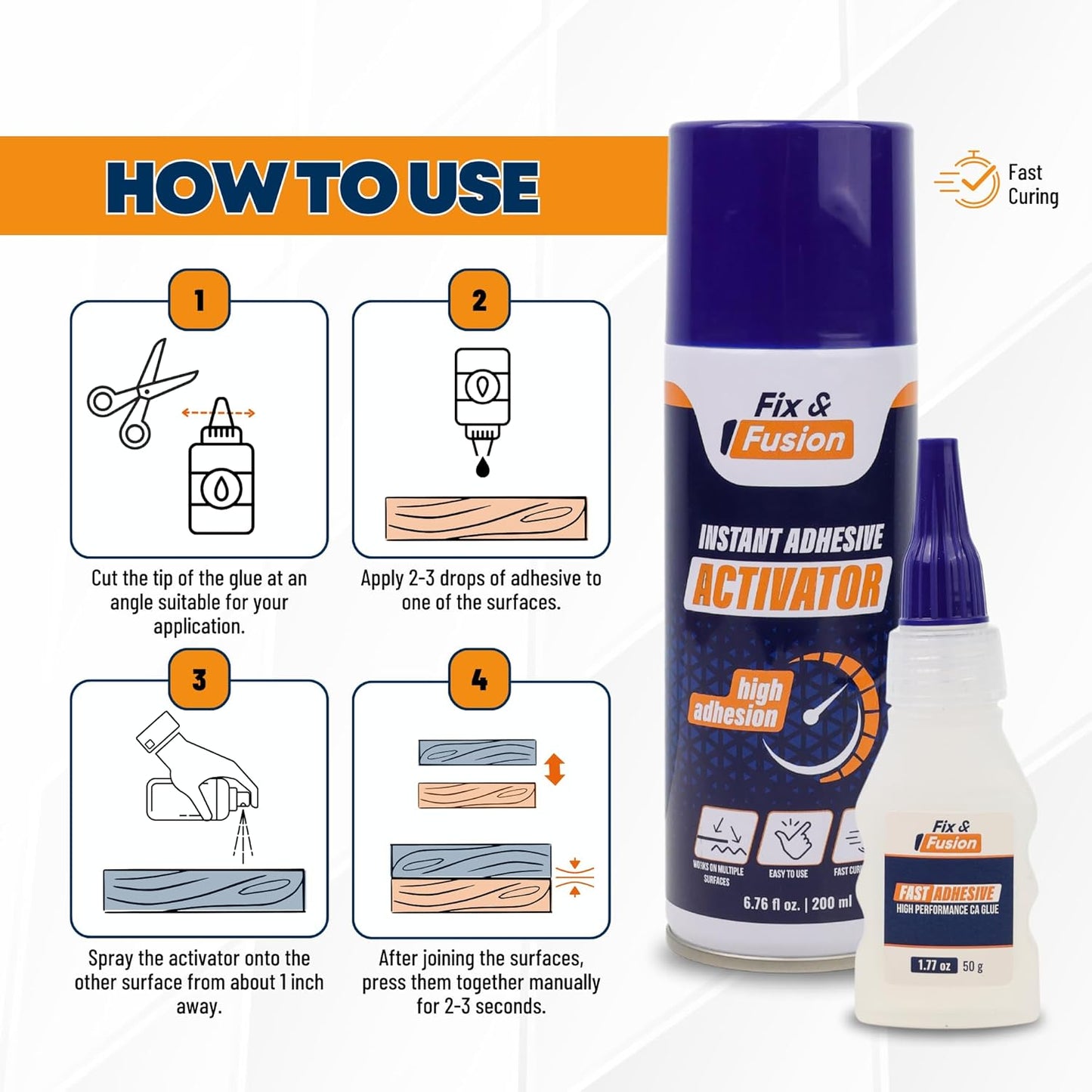 FIX & FUSION Ca Super Glue (1.77 Oz) with Activator Spray (6.76 Fl Oz) Set, Fast Adhesive/Cyanoacrylate Glue & Instant Activator for Woodworking, Plastic, Rubber, Granite, DIY & Industrial, (4 Pack)