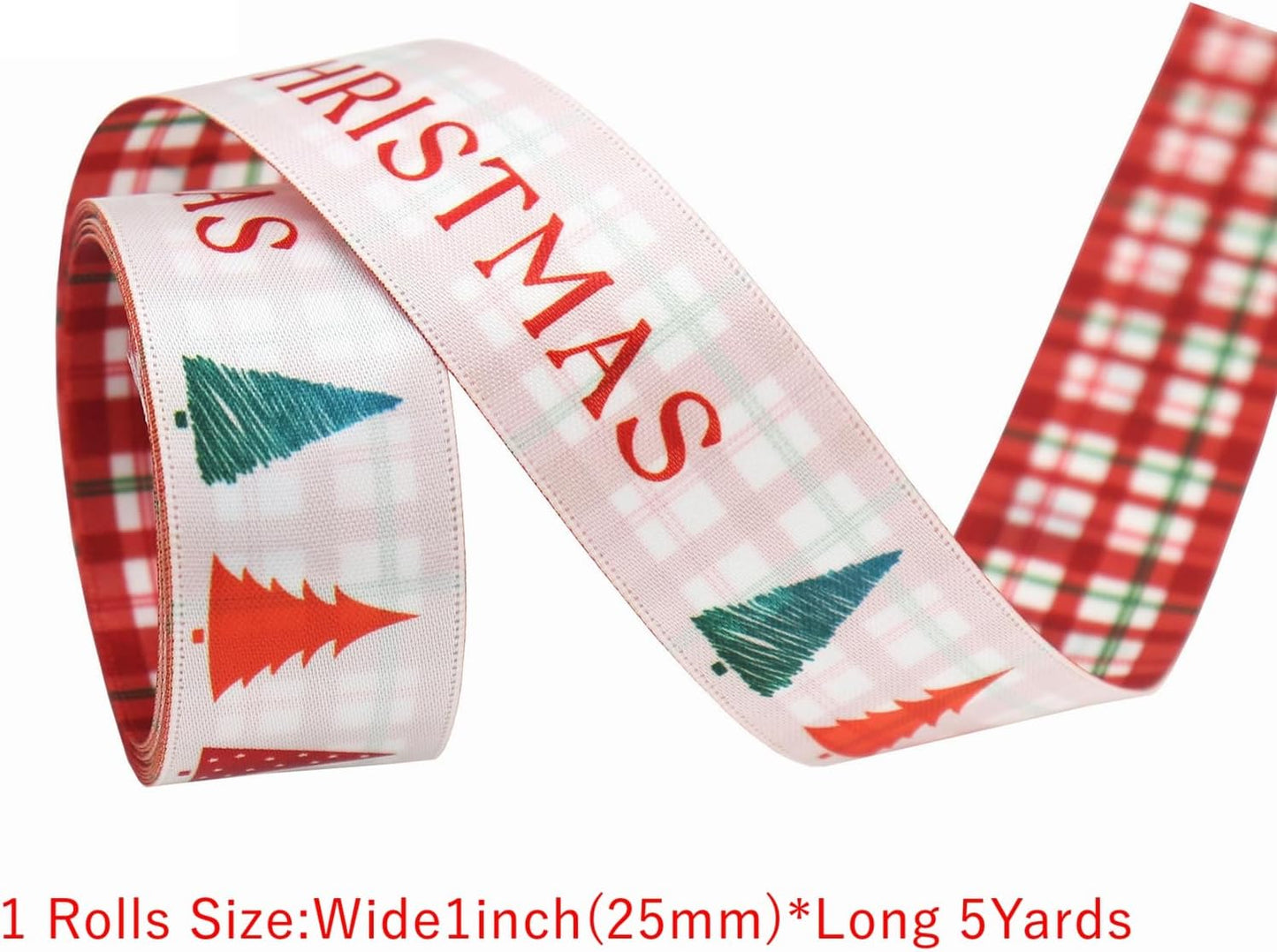 Christmas Gift Wrapping Ribbon, Red, Green, 2 Rolls Printed Grosgrain Ribbons for Crafts, Floral Bouquets, Sewing, Party and Festive Holiday Decor (2 Rolls(Green/White), 1 Rolls=1in * 5Yards)