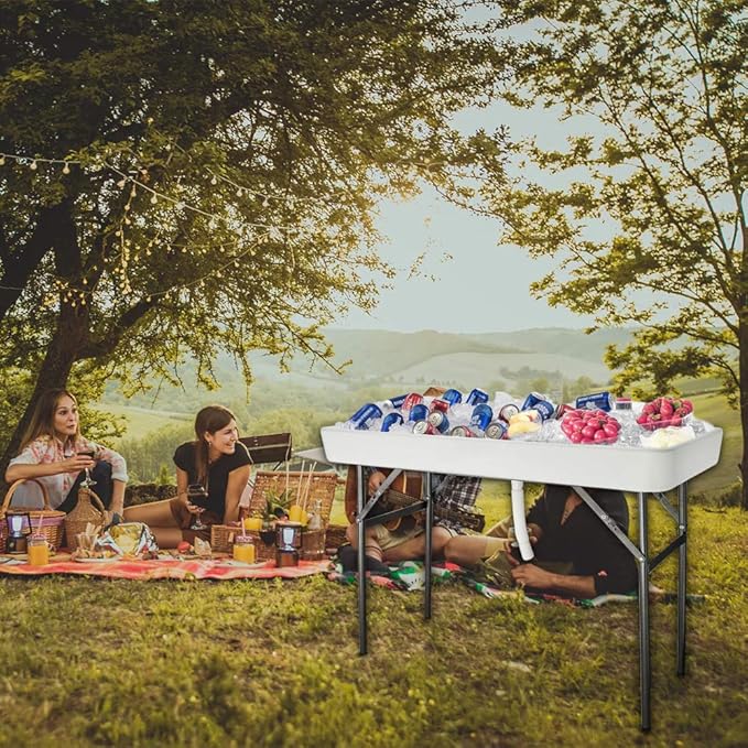 VINGLI 46" Extra Large Party Ice Cooler Folding Table, Portable Tailgate Camp Fishing Cleaning, Plastic with Matching Skirt, Ice Table for Party, BBQ, Camping, Picnic