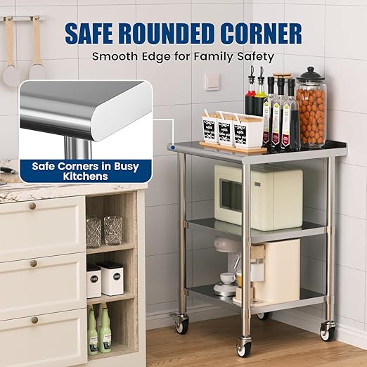Stainless Steel Work Table with Wheels, 24x24 Inch NSF Food Prep Table with Backsplash & 2 Adjustable Undershelves for Commercial Kitchen, Restaurant, Garage