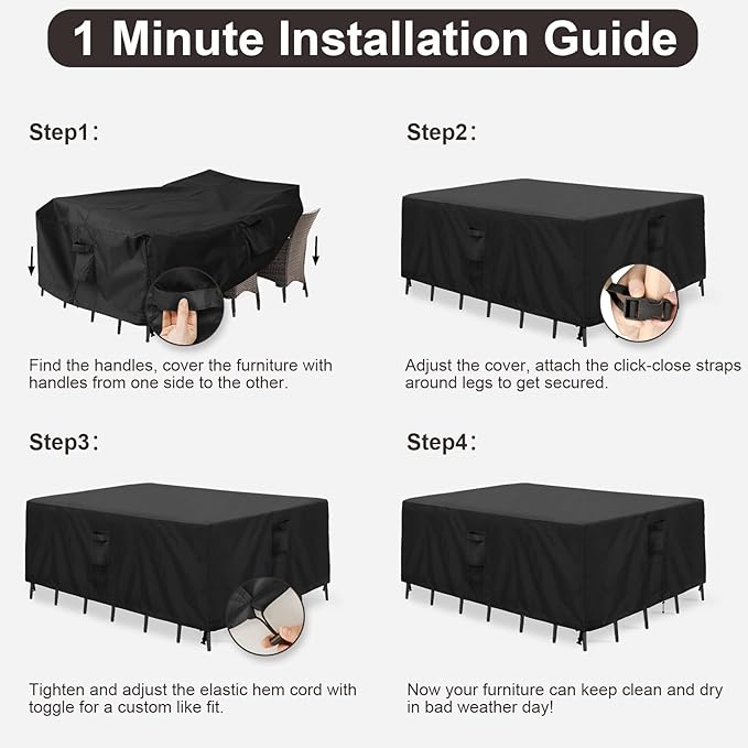 PureFit Patio Furniture Covers, Outdoor Table Furniture Cover Waterproof Rectangle, Patio Sectional Couch Set Cover for Deck, Lawn and Backyard, UV Resistant, 110"L x 84"W x 28"H, Black
