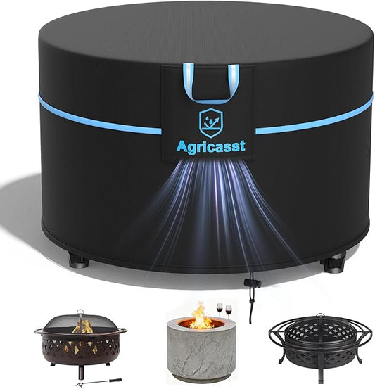 Round Fire Pit Cover for 41''- 44'' Fire Pit, 600D Heavy Duty Outdoor Firepit Cover Waterproof Patio Fire Table Cover with Air Vent, Handle, 4 Windproof Buckles, Drawstring - 44"Dia x 24"H