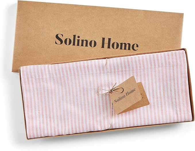 Solino Home Linen Table Runner 48 Inches - Narrow Stripe 100% Pure Linen Peach and White Farmhouse Table Runner 14 x 48 Inch Ideal for Dresser and Coffee Tables, Valentines, Spring, Easter