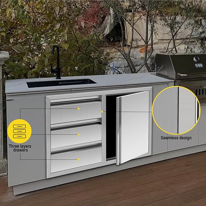 Outdoor Kitchen Drawer Combo, BBQ Access Trash Drawer Combo With Stainless Steel, Outdoor Kitchen Trash Drawer For BBQ Island, Grilling Station, Outside Cabinet,G4