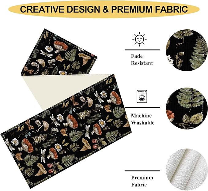Mushroom Table Runner, Rustic Farmhouse Forest Plants Botanical Country Black Coffee Table Center Decor for Home Kitchen Dining Patio Holiday Party Indoor Outdoor Table Decorations, 13"x36" Inch