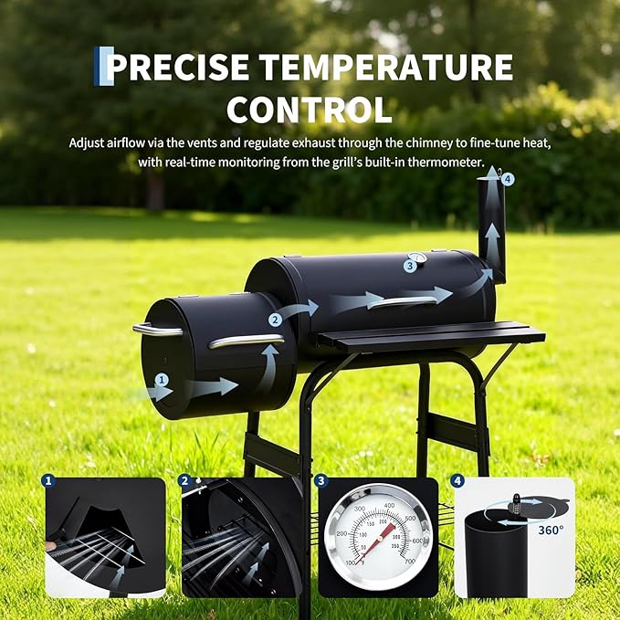 Garvee Charcoal Grills with Offset Smoker, Outdoor BBQ Grill with Handle and Wheels, Barrel Barbecure Smoker Grill Combo for Camping Picnic Patio Backyard Party