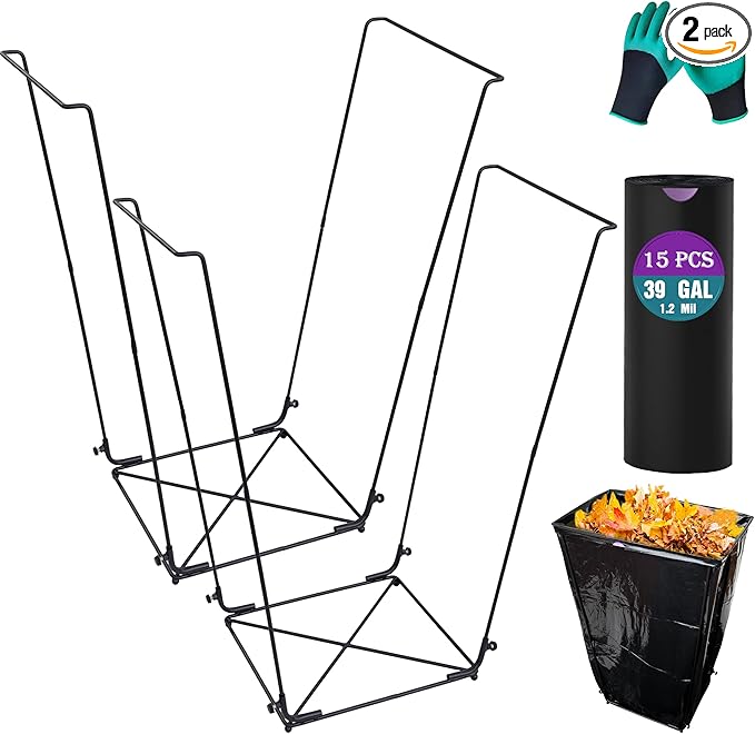 2PCS Trash Bag Holder Outdoor Leaf Bag Support Stand with 15 PCS 39 Gallon trash bags | Metal Garbage Bag Frame Holder for 30-45 Gallons Bags for Camping, Leaves, Gardening Parties