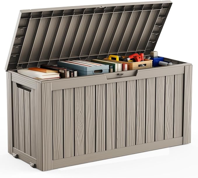 DRATO 75 Gallon Deck Box, Waterproof Resin Large Outdoor Storgae Box for Patio Furniture, Patio Cushions, Gardening Tools, Pool Supplies, Lockable（Gray，75 Gallon）