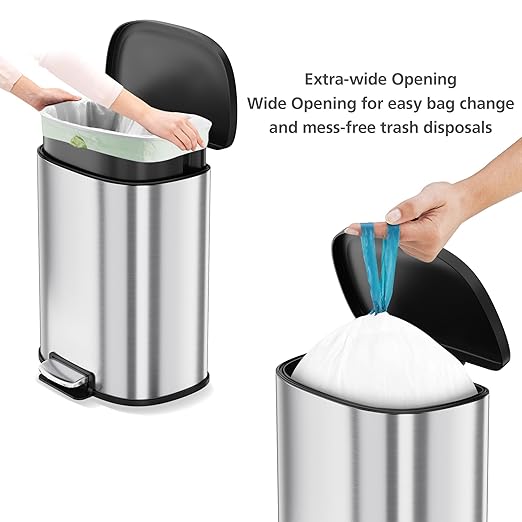 Garvee Stainless Steel Trash Can, 50 L/13 gal Hands Free Garbage Can with Soft Close Lid and Foot Pedal, Metal Kitchen Waste Bin with Inner Bucket for Living Room, Office, D Shape, Silver
