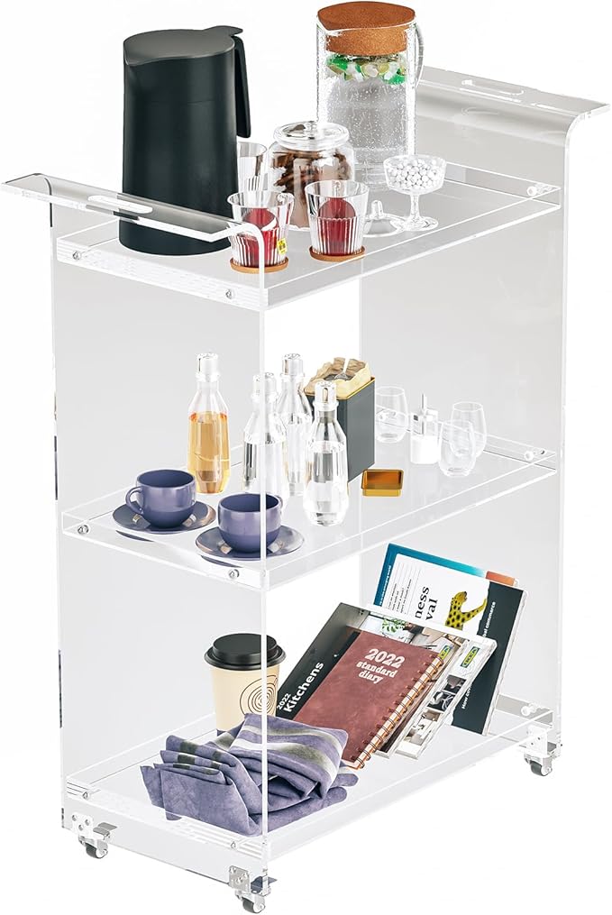 Dethan Acrylic Bar Cart – Clear 3-Tier Utility Rolling Serving Cart with Lockable Wheels, Modern Transparent Bar Cart for Home, Kitchen, Bedroom, or Office – Compact Acrylic Side Table Storage