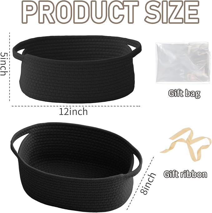 Woven Basket,Small Rope Storage Bin with Handles & Ribbon Bag, Organizer for Shelves Closets,Gift Basket Empty for Birthday,Books,Dog Toys, Black/3 Pack