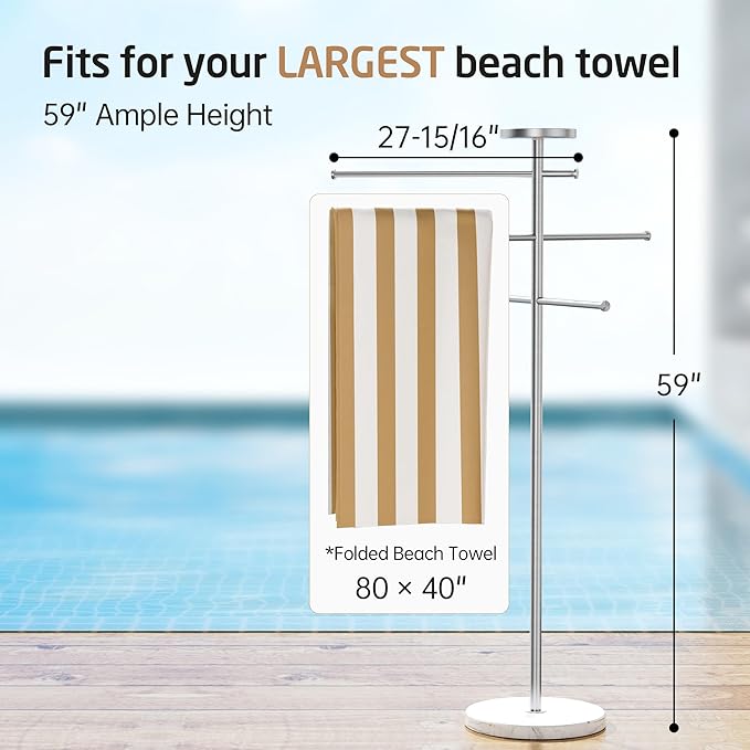 Natural Marble Outdoor Towel Rack with Weighted Base, KES 5-Feet Pool Towel Rack Outdoor for Hot Tub 18/8 Stainless Steel, Adjustable 3 Arms with Storage Tray, Brushed Finish OTR200-2