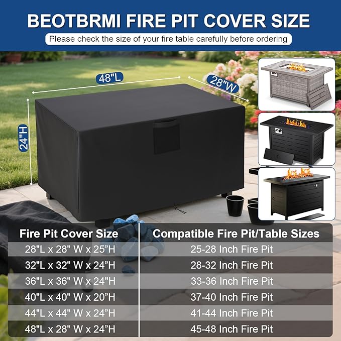 Square Fire Pit Cover, Upgraded Heavy Duty Fabric with Air Vent and Drawstring Fit for 48 Inch Outdoor Fireplace Cover & Fire Pit Table, 100% Waterproof & Tear Resistant 48x28x24 Inche