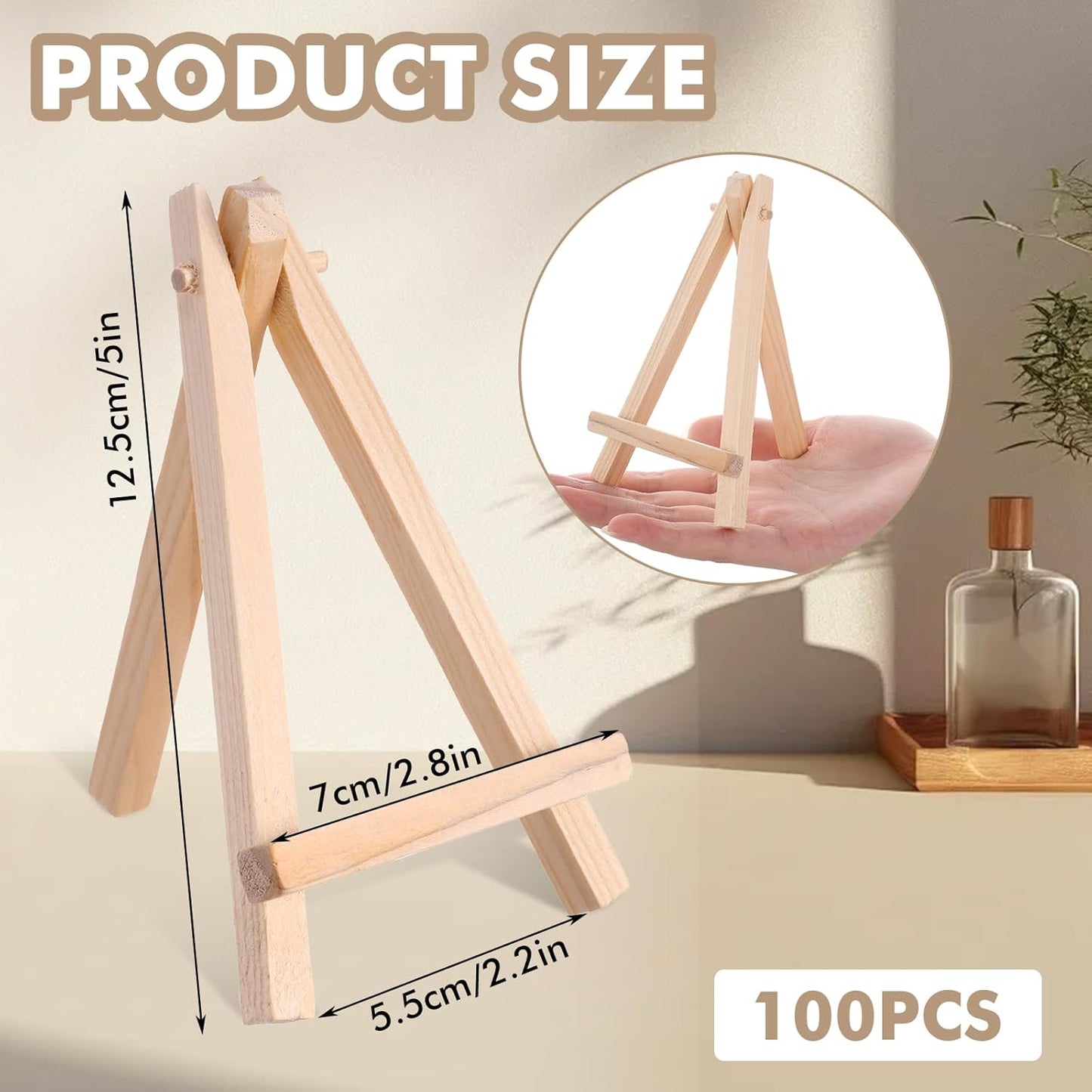 100 Pieces Mini Wood Easel Stands 5 Inch Small Wooden Canvas Easels Display Art Craft Tripod Painting Easels Tabletop Holder for Artist Crafts, Business Cards, Photos, Gift