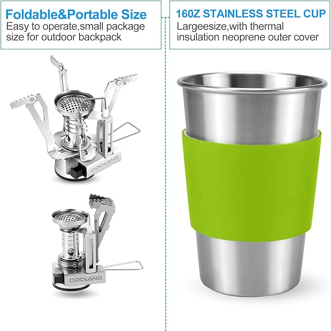 Odoland Camping Cookware Stove Carabiner Canister Stand Tripod and Stainless Steel Cup, Tank Bracket, Fork Spoon Kit for Backpacking, Outdoor Camping Hiking and Picnic