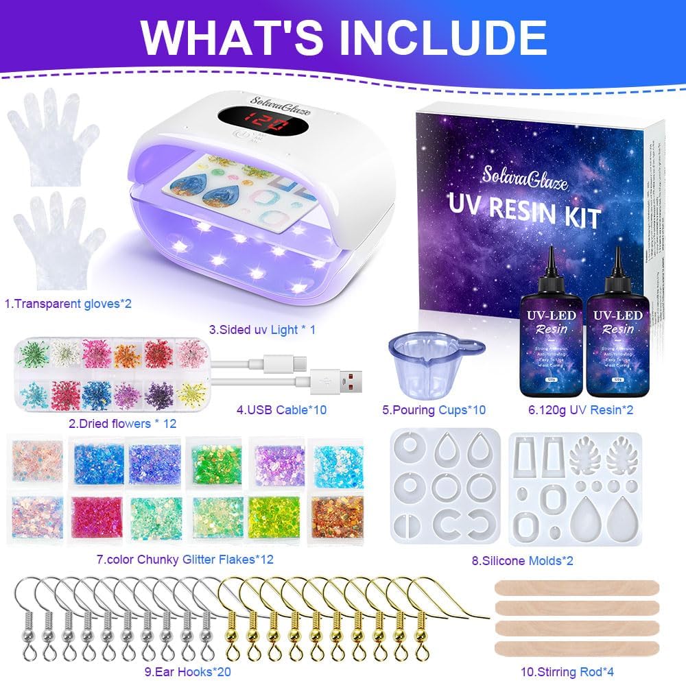 SolaraGlaze UV Resin Kit with Light 240g Hard Type Clear UV Resin Jewelry Making Kit Two-Sided Light and Molds DIY Jewelry Making Supplies for Keychain and Earring