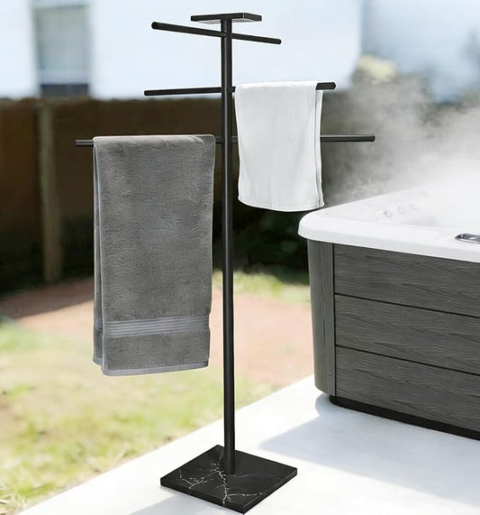 Hot Tub Towel Rack with Tray, 304 Stainless Steel 6 Arms Freestanding Swimming Pool Towel Holder,Black Marble Base Outdoor Bath Sheet Drying Bar for Spa, Hot Tub & Patio