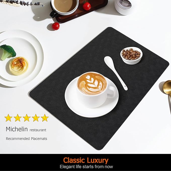 Vinyl Placemats Set of 4 Faux Leather 100% Waterproof Wipeable Washable Place Mats Heat Resistant Easy Clean Non-Slip Table Mats for Indoor Outdoor. (4,Black)