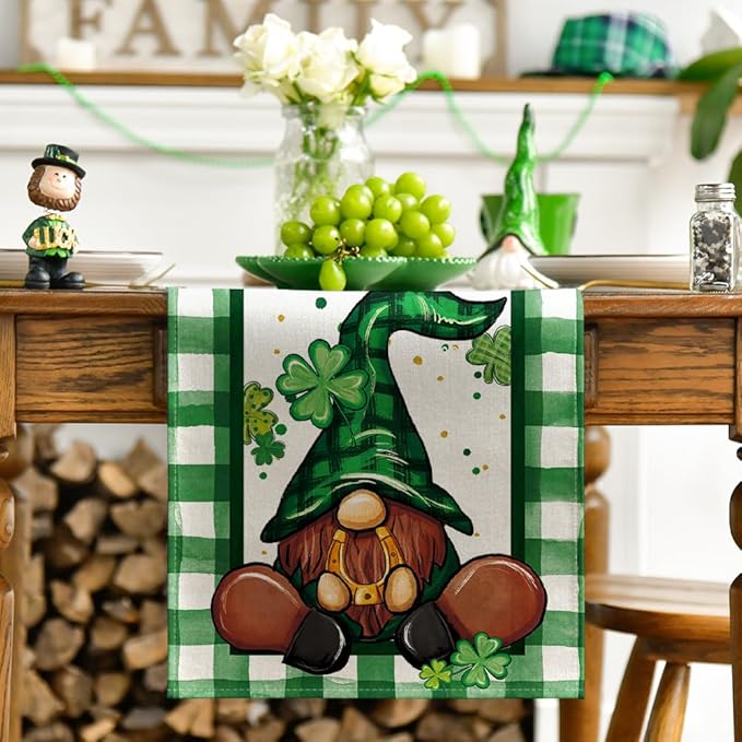 Artoid Mode Shamrock Lucky Buffalo Plaid Gnomes St. Patrick's Day Table Runner, Kitchen Dining Table Decor for Outdoor Home Party Decor 13 x 60 Inch