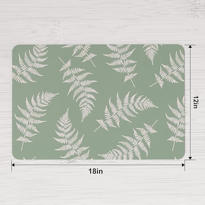 QIYI Placemats Set of 6, 12x18 Inch Faux Leather Place Mats for Kitchen Dinning, Heat Resistant Anti Slip Green White Table Mats, Waterproof Wipeable Washable Placemat Party Table Décor, Fern Leaves