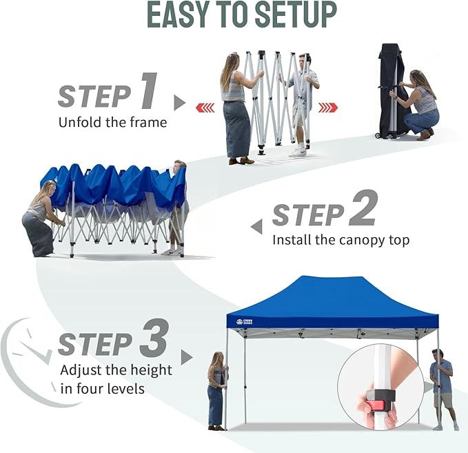 CROWN SHADES 10x15 Pop Up Canopy Tent, Thicken Frame Commercial Heavy Duty Tent, 8 Stakes & 4 Sandbags & 4 Ropes, Outdoor Canopies for Events, Parties,Blue