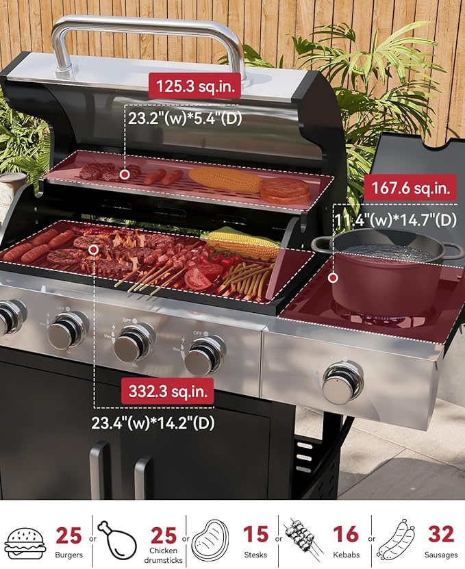 Aoxun 4-Burner Propane Grill with Side Burner, 49000 BTU Gas Grill, Stainless Steel Outdoor Grill with Cast Iron Grates & Side Tables for Backyard, Patio, Camping